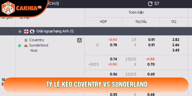 Tỷ lệ kèo Coventry vs Sunderland